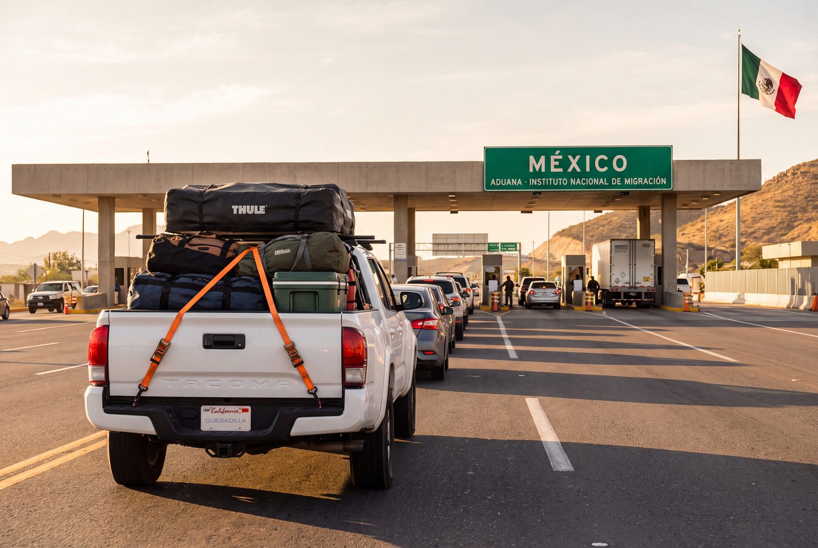 A loaded pickup truck with U.S. plates waiting in line at a Mexican border crossing at golden hour